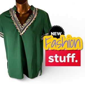 SHEIN Green Beaded V-Neck Blouse